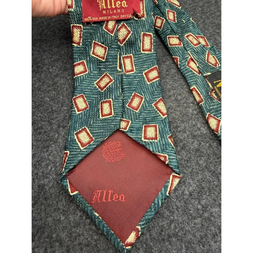 Altea Milano Silk Tie Italy Teal Green Geometric Burgundy Nate's Clothing Mens